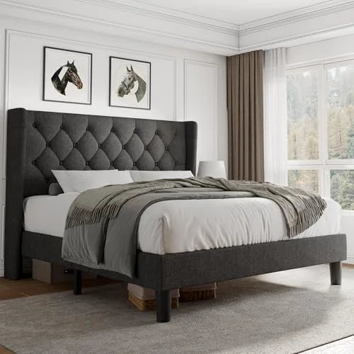 Queen Size Platform Bed Frame with Button Tufted Headboard view 6