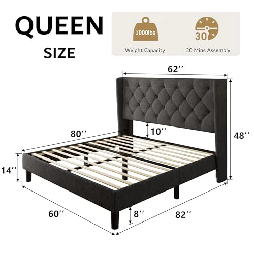 Queen Size Platform Bed Frame with Button Tufted Headboard view 7