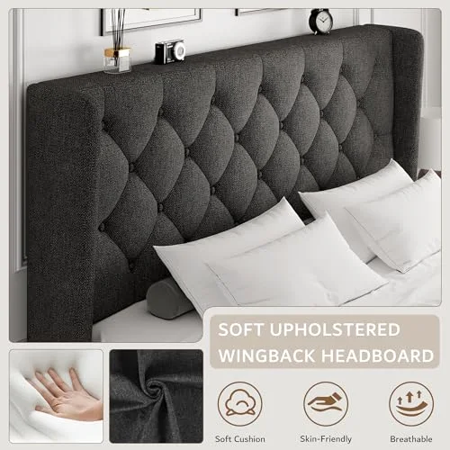 Queen Size Platform Bed Frame with Button Tufted Headboard view 8
