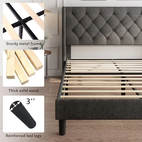 Queen Size Platform Bed Frame with Button Tufted Headboard view 10