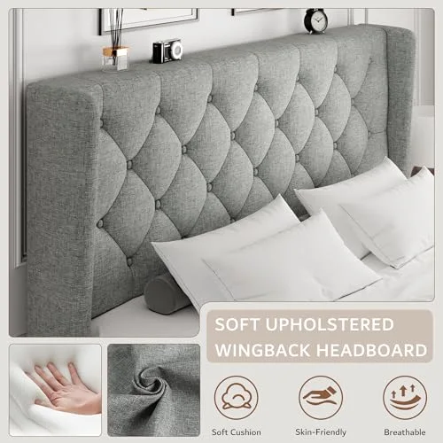 Full Size Platform Bed Frame with Button Tufted Headboard view 8