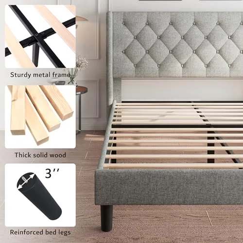Full Size Platform Bed Frame with Button Tufted Headboard view 10