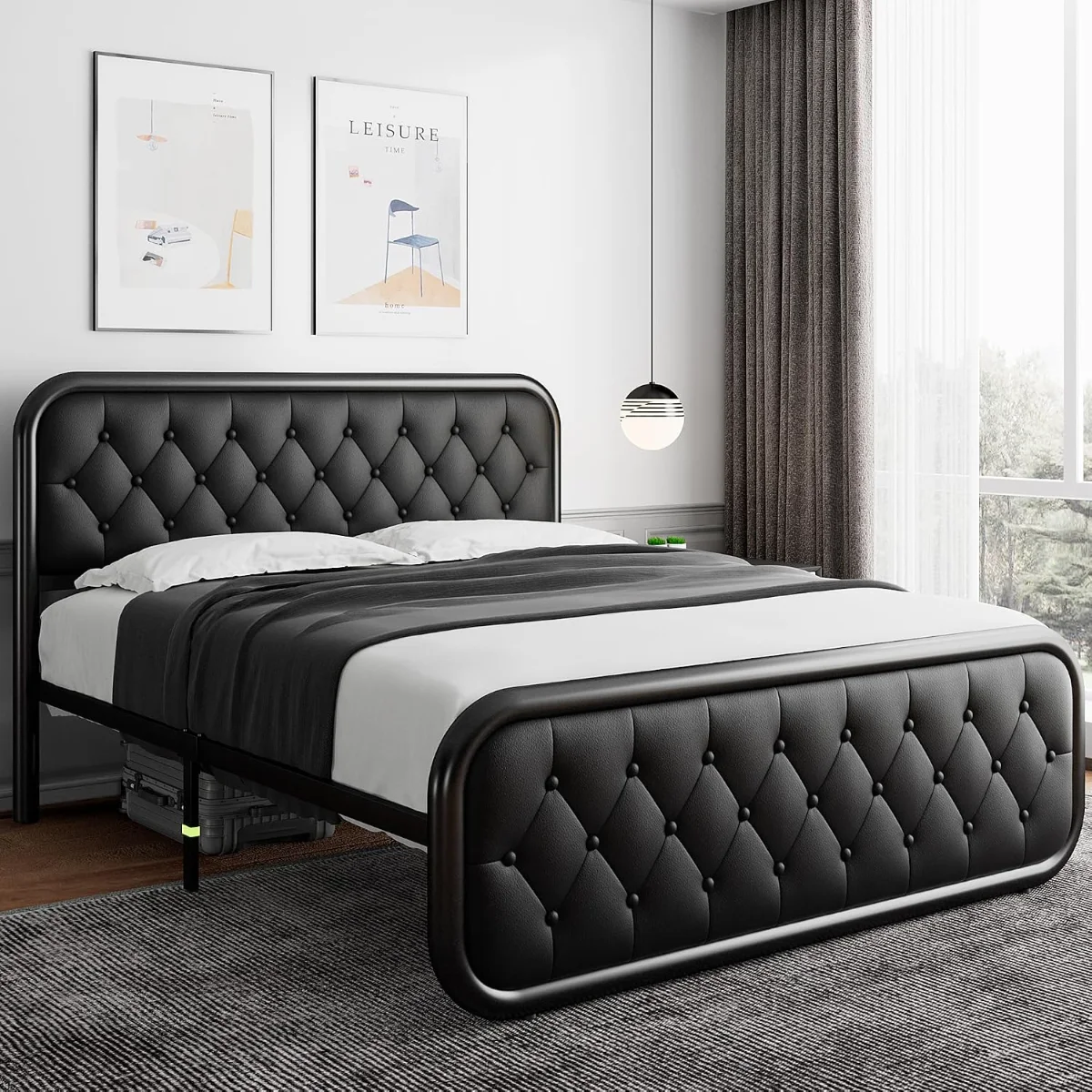 Queen Size Metal Bed Frame with Leather Headboard