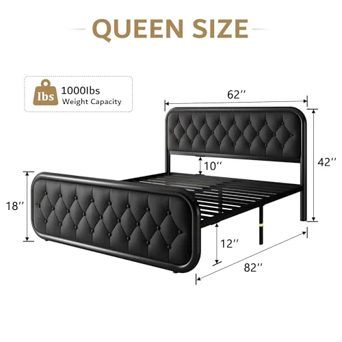Queen Size Metal Bed Frame with Leather Headboard view 2