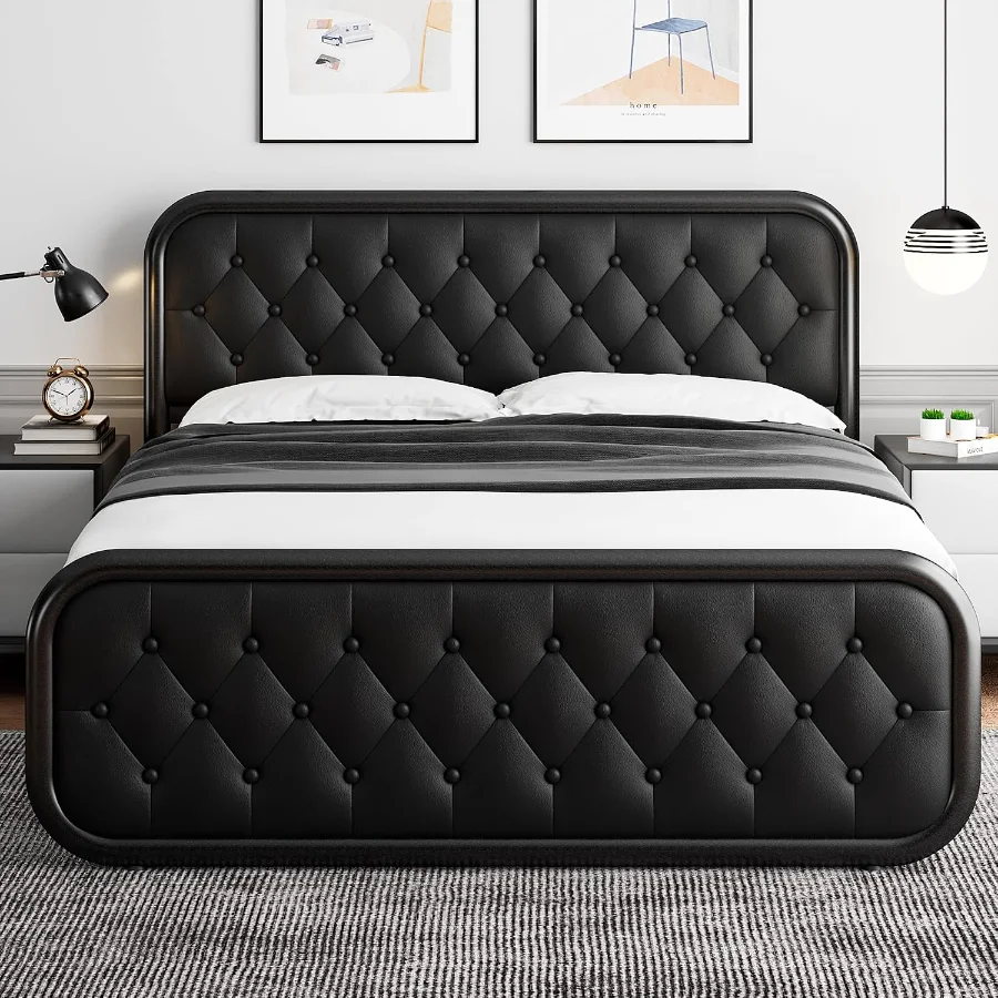 Queen Size Metal Bed Frame with Leather Headboard view 3