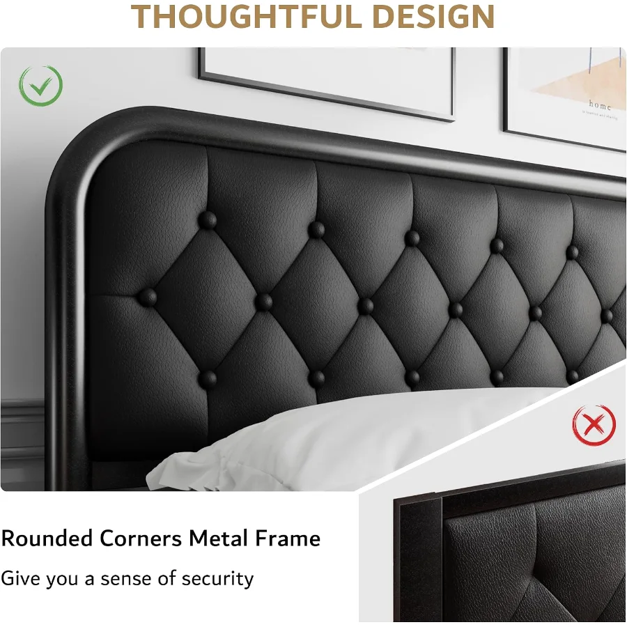 Queen Size Metal Bed Frame with Leather Headboard view 5