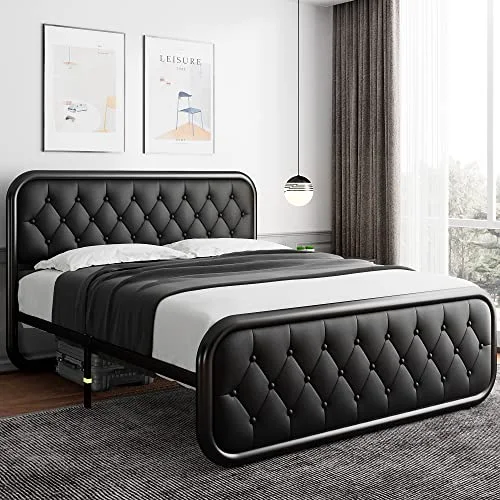 Full Size Metal Bed Frame with Leather Headboard
