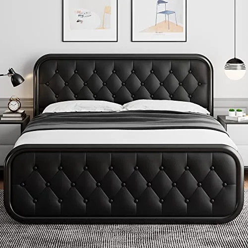 Full Size Metal Bed Frame with Leather Headboard view 3