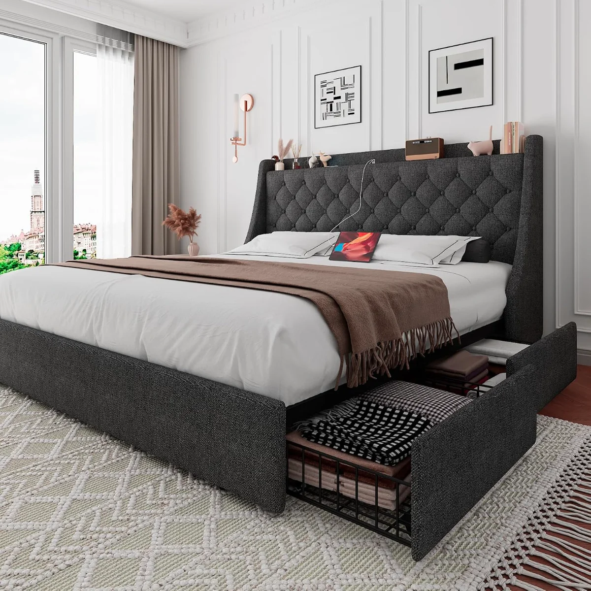 Queen Bed Frame with 4 Storage Drawers