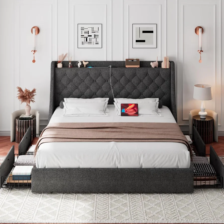 Queen Bed Frame with 4 Storage Drawers view 3