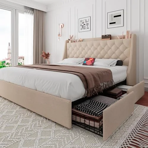King Bed Frame with 4 Storage Drawers