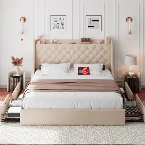 King Bed Frame with 4 Storage Drawers view 3