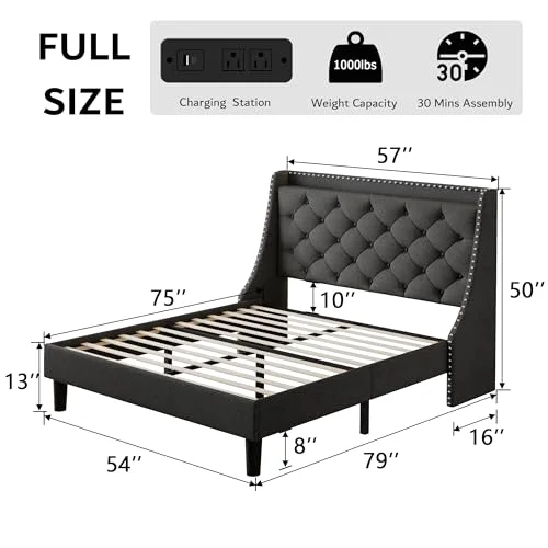 Full Bed Frame with 16" Comfort Wingback & Charging Station view 7