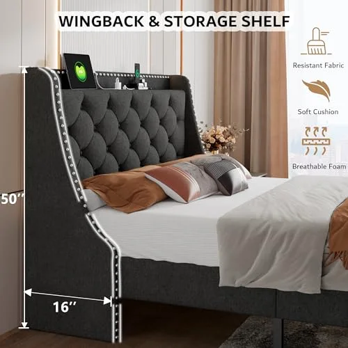 Full Bed Frame with 16" Comfort Wingback & Charging Station view 8