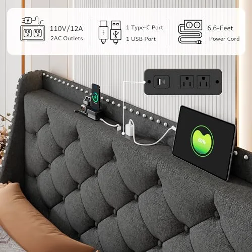 Full Bed Frame with 16" Comfort Wingback & Charging Station view 9