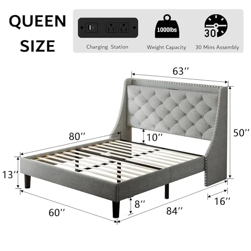 Queen Bed Frame with 16" Comfort Wingback & Charging Station view 7