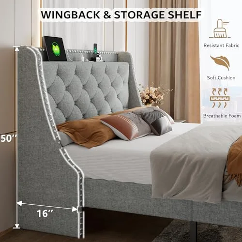 Queen Bed Frame with 16" Comfort Wingback & Charging Station view 8