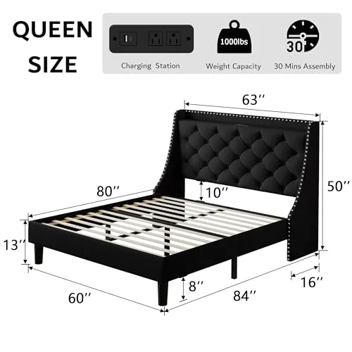 Queen Bed Frame with 16" Comfort Wingback & Charging Station view 2