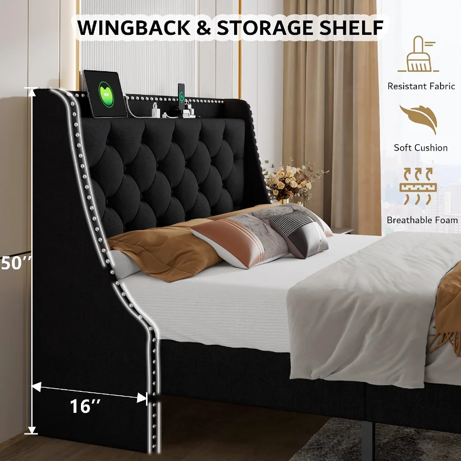 Queen Bed Frame with 16" Comfort Wingback & Charging Station view 3