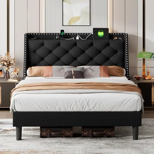 Full Bed Frame with 16" Comfort Wingback & Charging Station