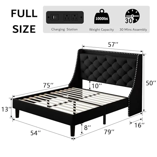 Full Bed Frame with 16" Comfort Wingback & Charging Station view 2