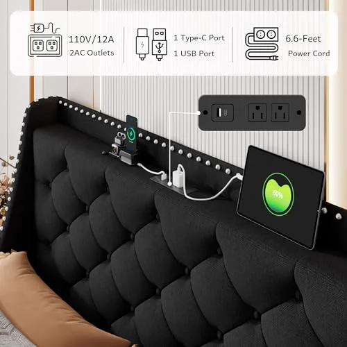 Full Bed Frame with 16" Comfort Wingback & Charging Station view 3