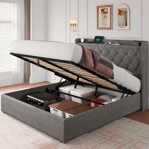 Queen Size Lift Up Storage Bed Frame with Charging Station view 6