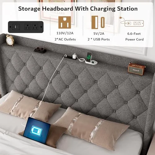 Queen Size Lift Up Storage Bed Frame with Charging Station view 8