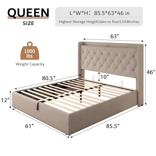 Queen Size Lift Up Storage Bed Frame with Charging Station view 2