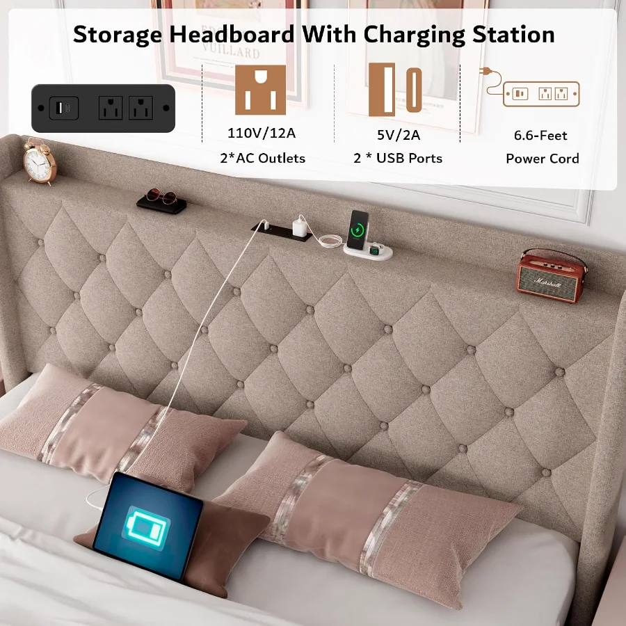 Queen Size Lift Up Storage Bed Frame with Charging Station view 3