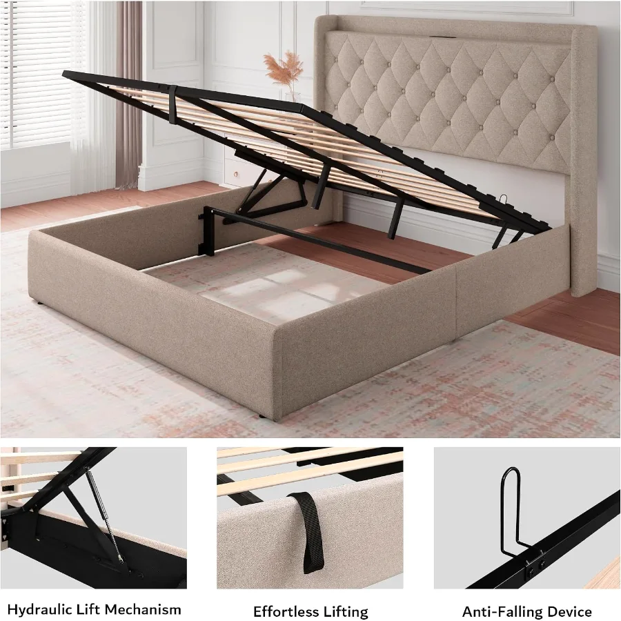 Queen Size Lift Up Storage Bed Frame with Charging Station view 5