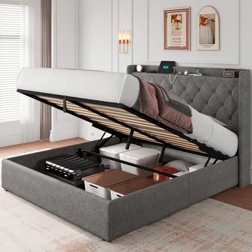 Full Size Lift Up Storage Bed Frame with Charging Station view 6