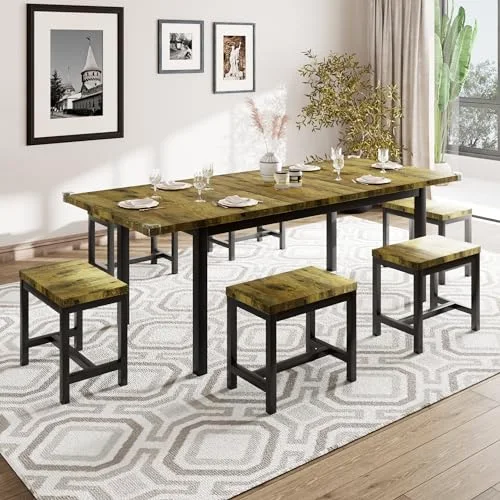 7-Piece Dining Table Set with 6 Stools view 2