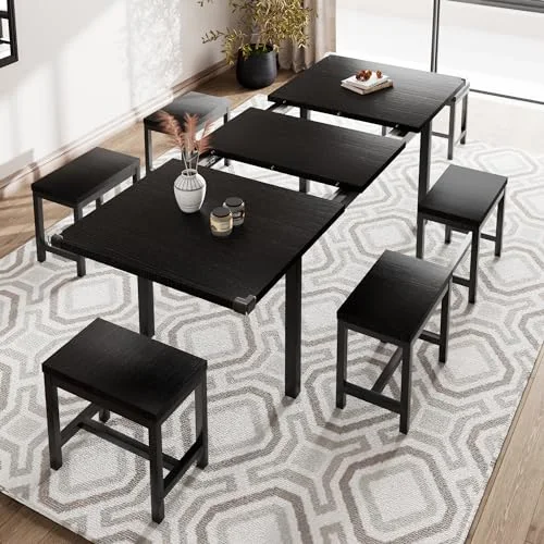 7-Piece Extendable Dining Table Set with 6 Stools