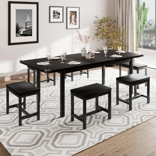 7-Piece Extendable Dining Table Set with 6 Stools view 3