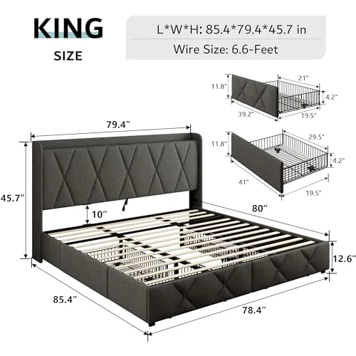 King Size Bed Frame with 4 Storage Drawers view 7