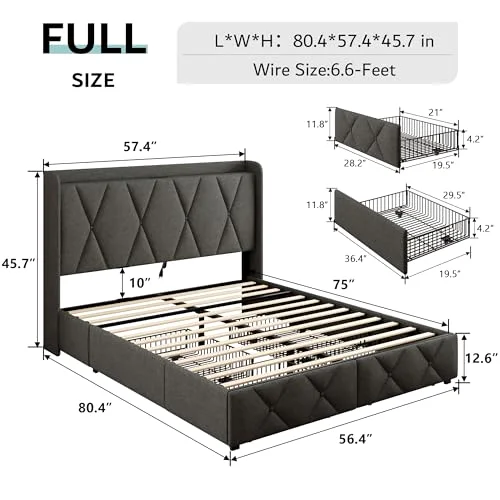 Full Size Bed Frame with 4 Storage Drawers view 7