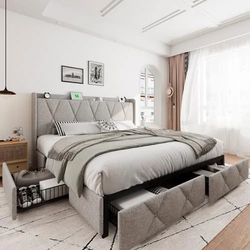 King Size Bed Frame with 4 Storage Drawers
