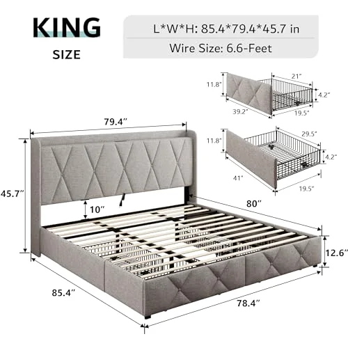King Size Bed Frame with 4 Storage Drawers view 2