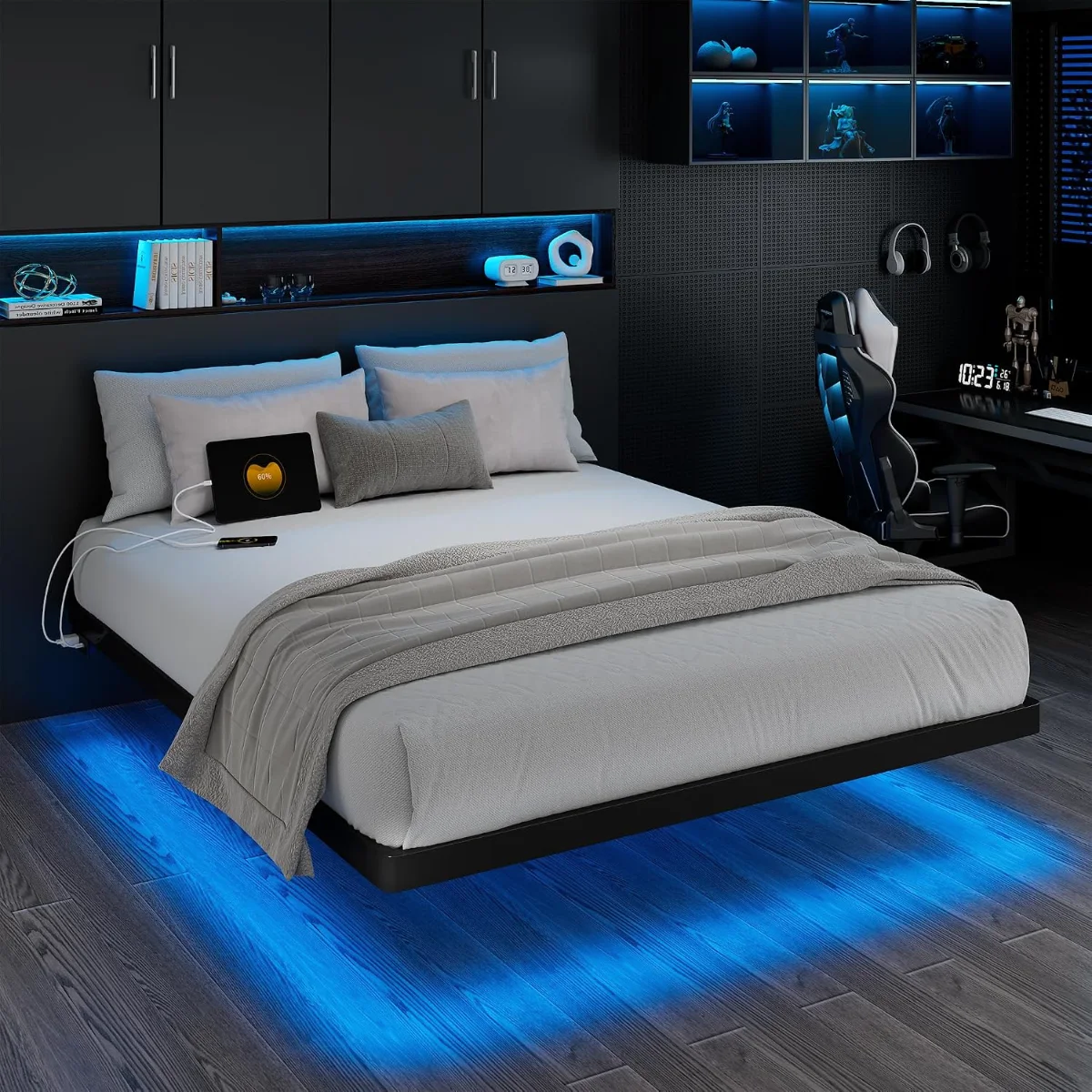 Queen Size Floating Bed Frame with Charging Station and Led Light