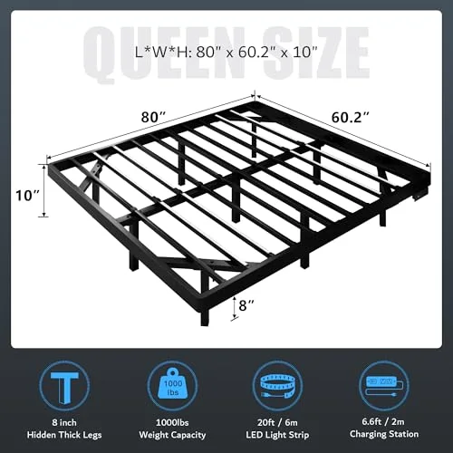 Queen Size Floating Bed Frame with Charging Station and Led Light view 2