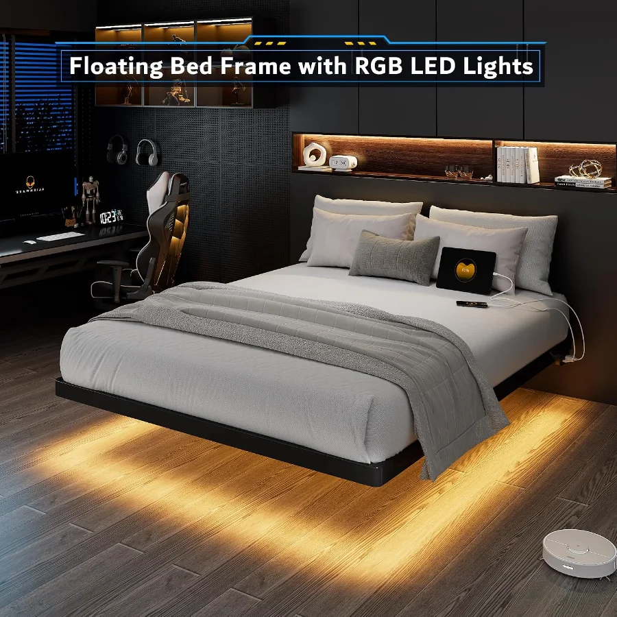 Queen Size Floating Bed Frame with Charging Station and Led Light view 3