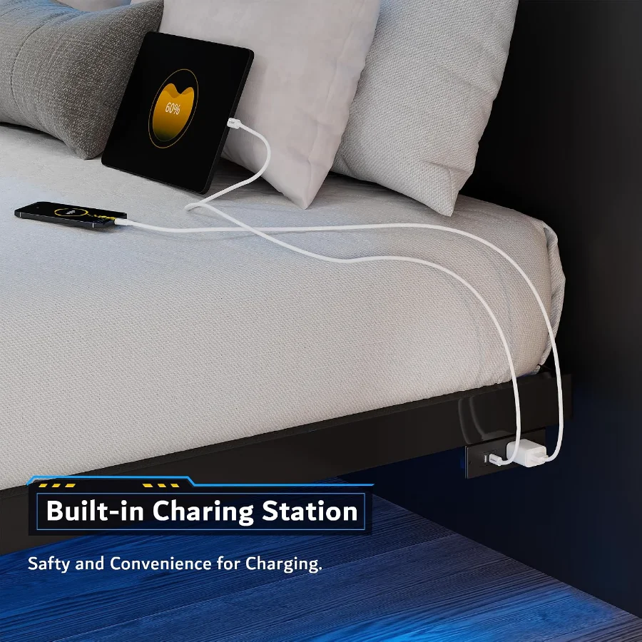 Queen Size Floating Bed Frame with Charging Station and Led Light view 4