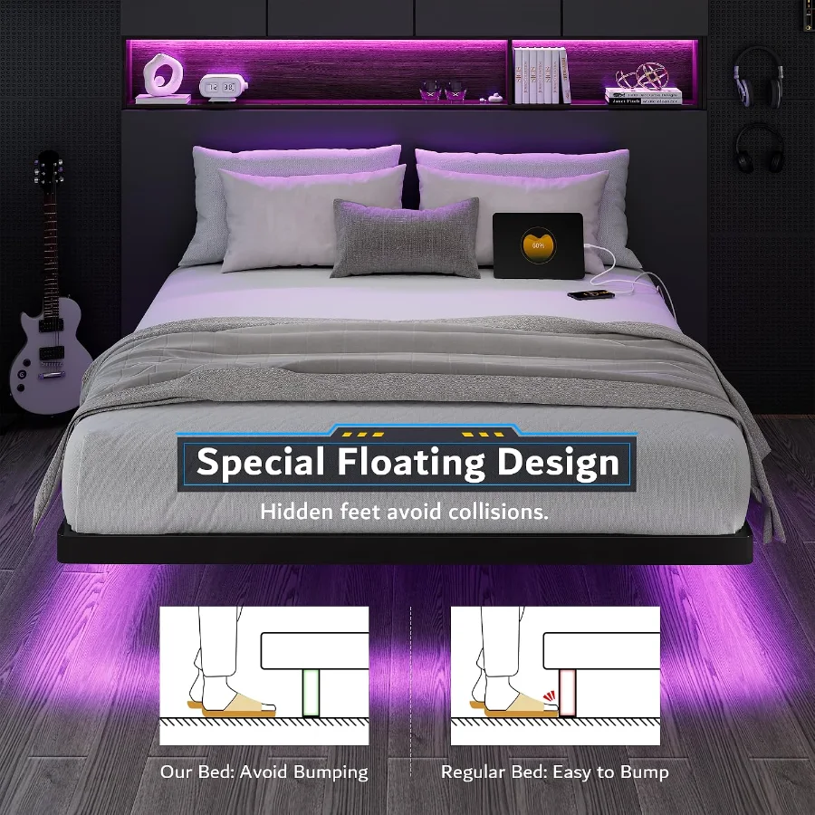 Queen Size Floating Bed Frame with Charging Station and Led Light view 5