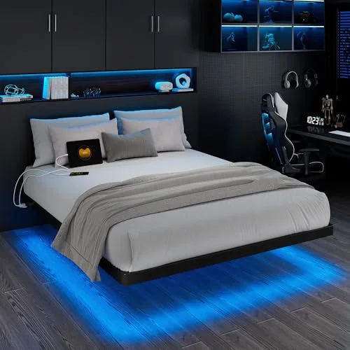 King Size Floating Bed Frame with Charging Station and Led Light