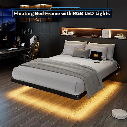 King Size Floating Bed Frame with Charging Station and Led Light view 3