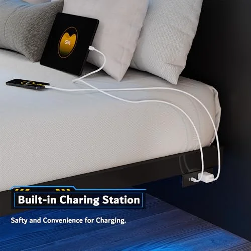 King Size Floating Bed Frame with Charging Station and Led Light view 4