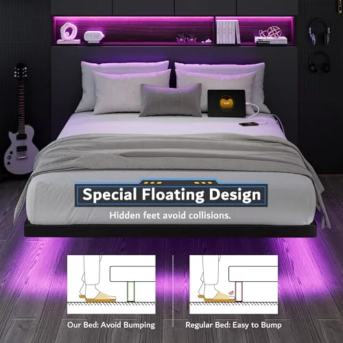 King Size Floating Bed Frame with Charging Station and Led Light view 5