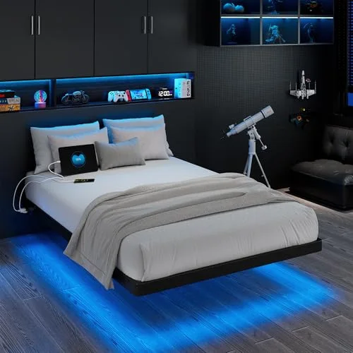Twin Size Floating Bed Frame with Charging Station and Led Light