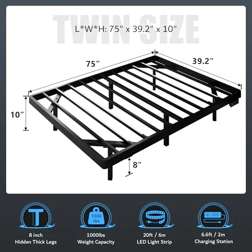 Twin Size Floating Bed Frame with Charging Station and Led Light view 2